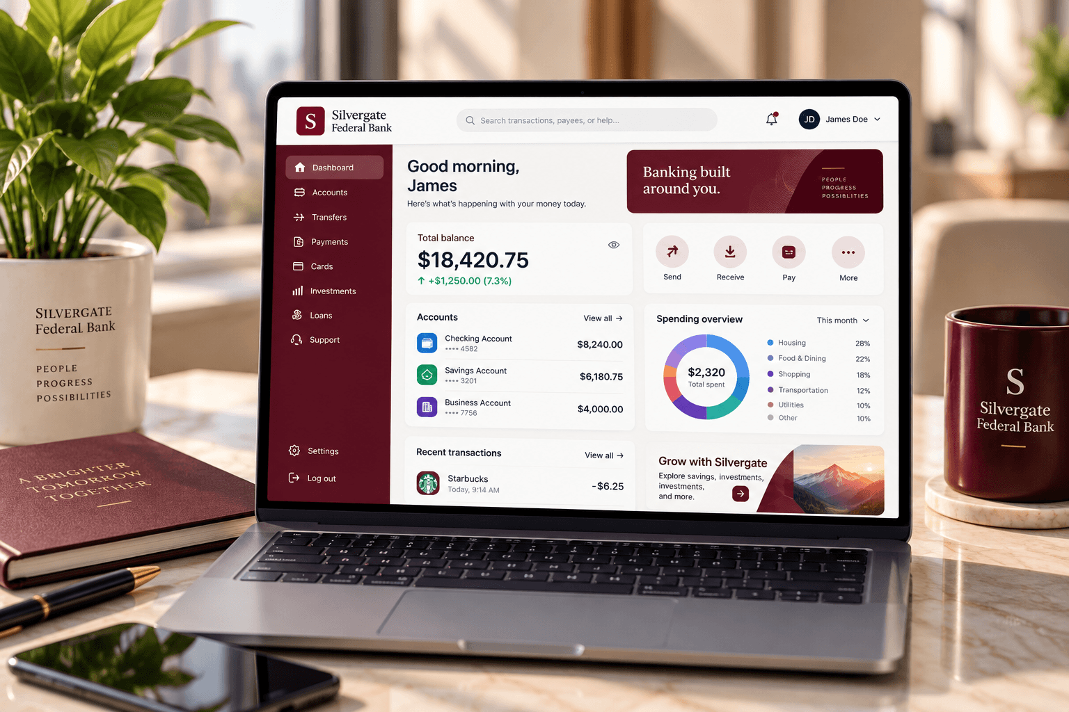 Silvergate Federal Bank online banking dashboard on a laptop